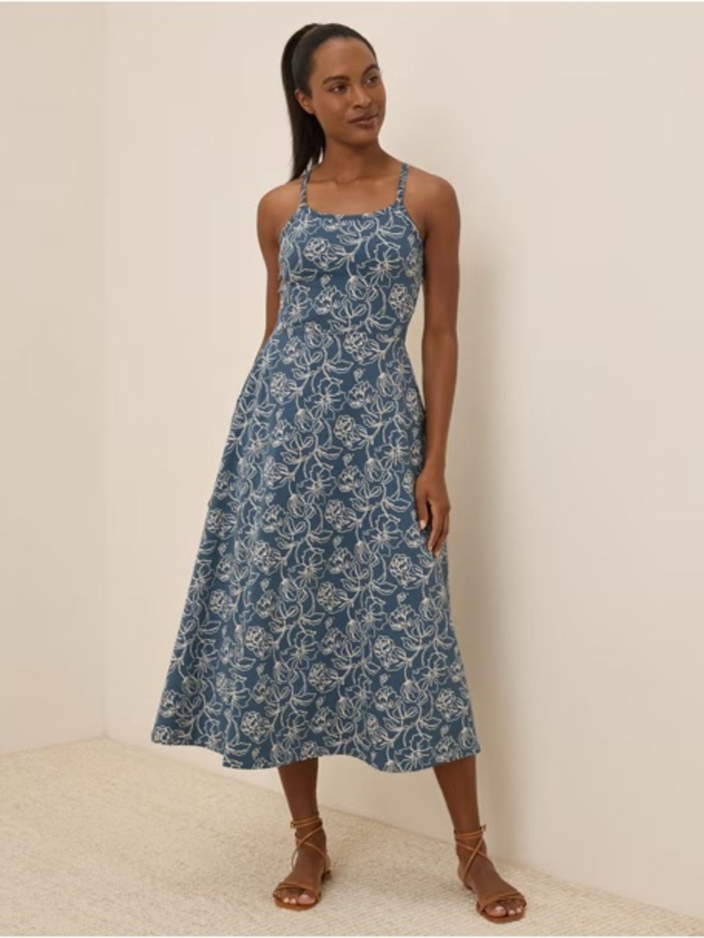 Pact Organic Fit & Flare Midi Dress Looking Glass Floral Slate Blue - Picture 2 of 4